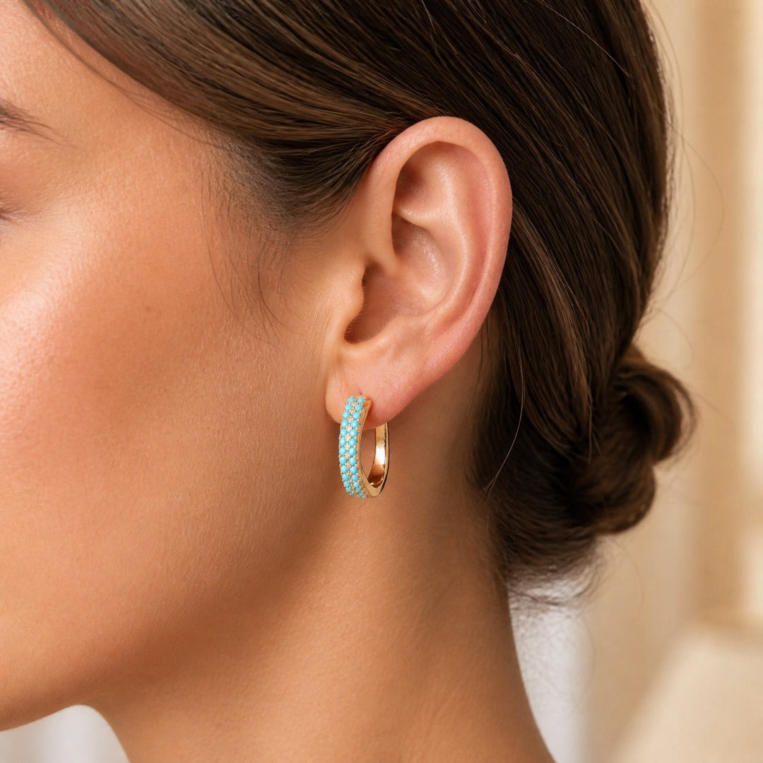 Turquoise Pavé Classic Gold Huggies