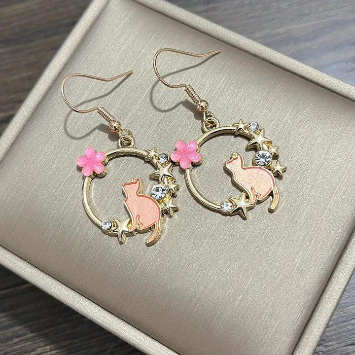 Flower Cat and Star Dangle Earrings