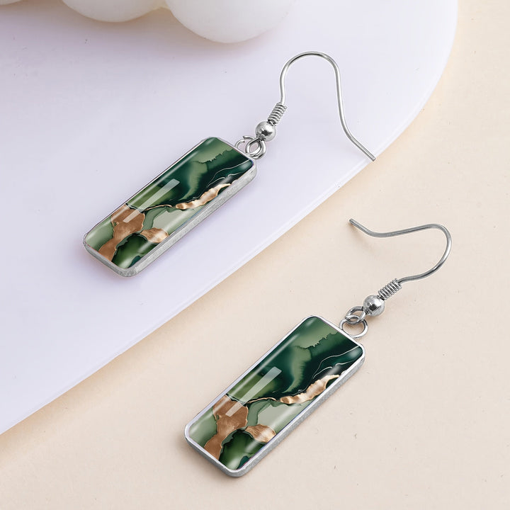 Minimalist Green Golden Abstract Earrings