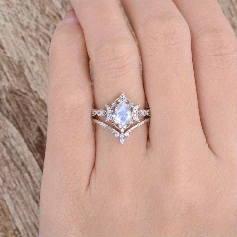 Unique Moonstone Engagement Ring Set