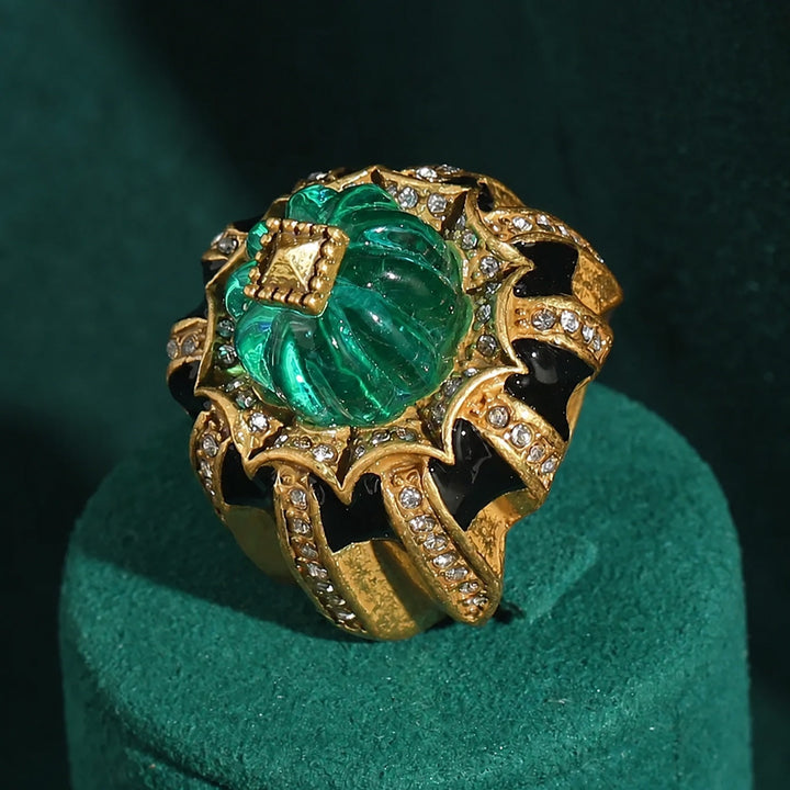 Emerald Green Carved Crystal Ring