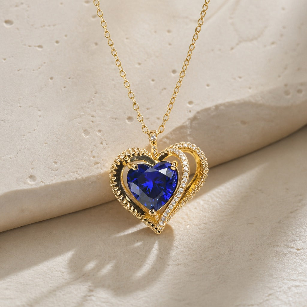 Double Heart Sapphire Pendant Necklace