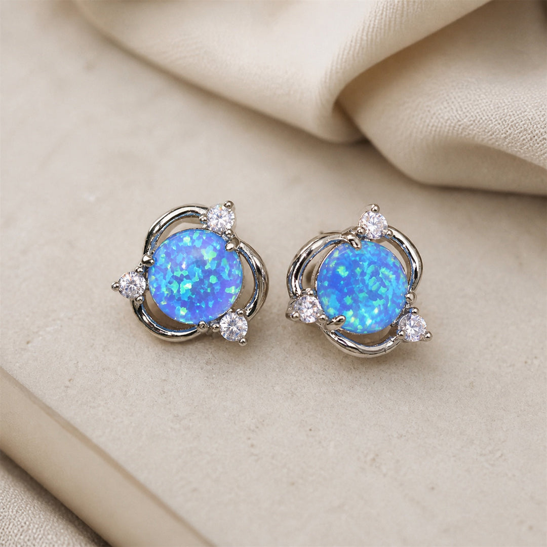 Round Opal Silver Stud Earrings