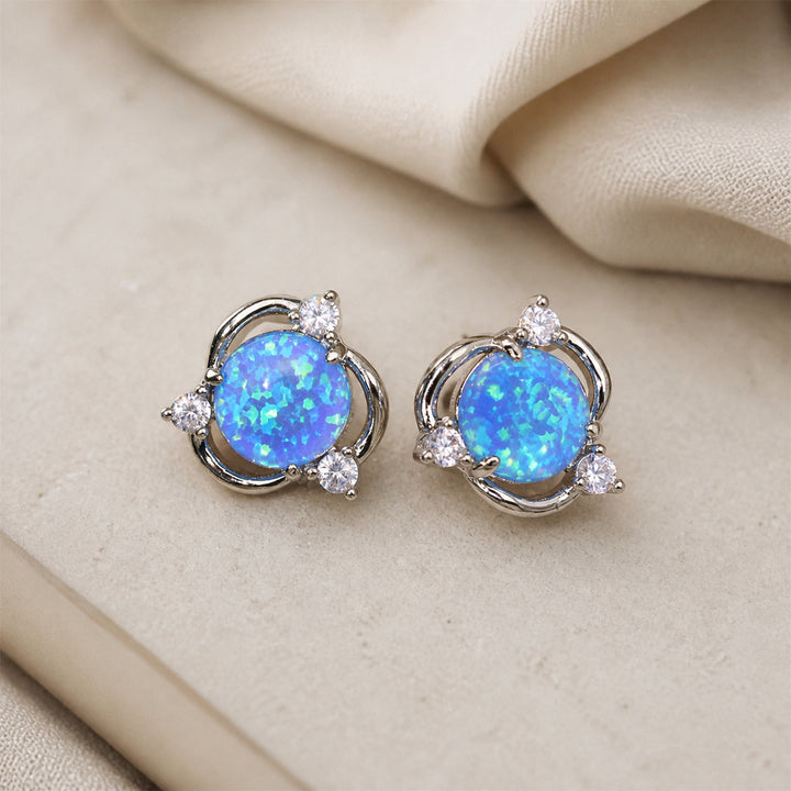 Round Opal Silver Stud Earrings