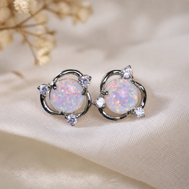 Round Opal Silver Stud Earrings