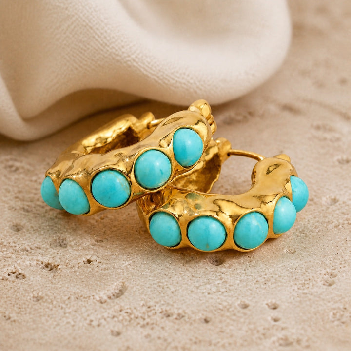 Bold Turquoise Stone Sculpted Hoop Earrings