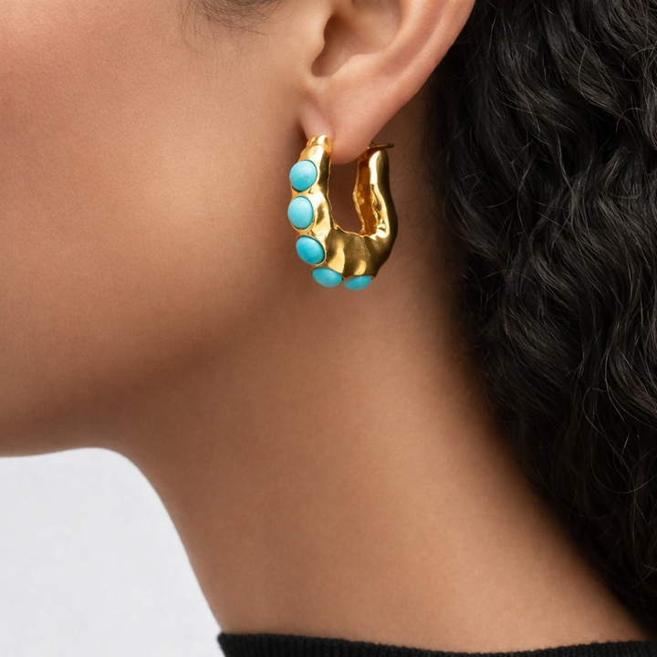 Bold Turquoise Stone Sculpted Hoop Earrings