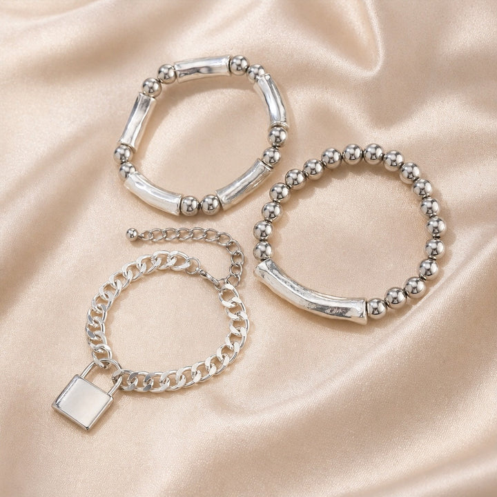 White Gold Beaded Punk Lock Bracelet Set