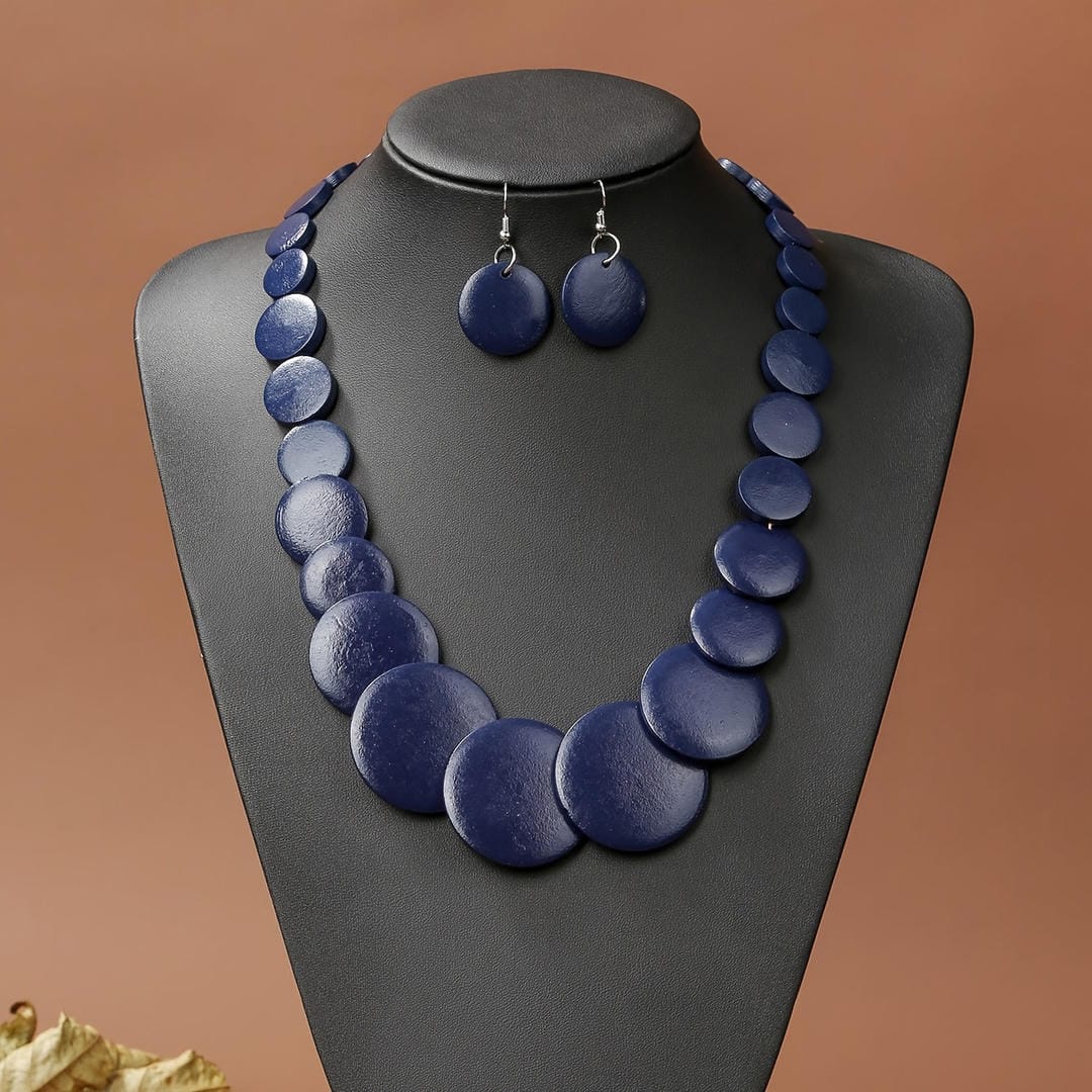 Coastal Wood Disc Statement Necklace and Earrings Set