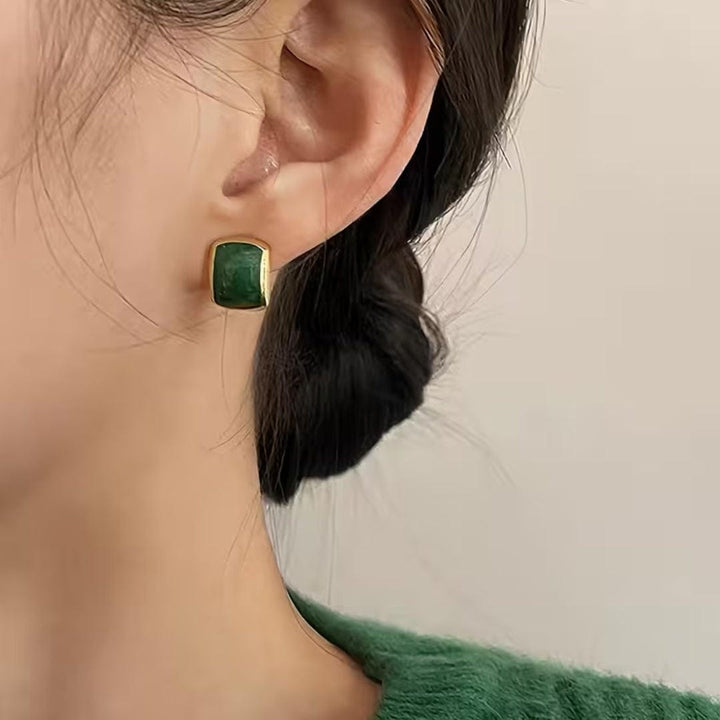 Green Stone Rectangle Stud Earrings