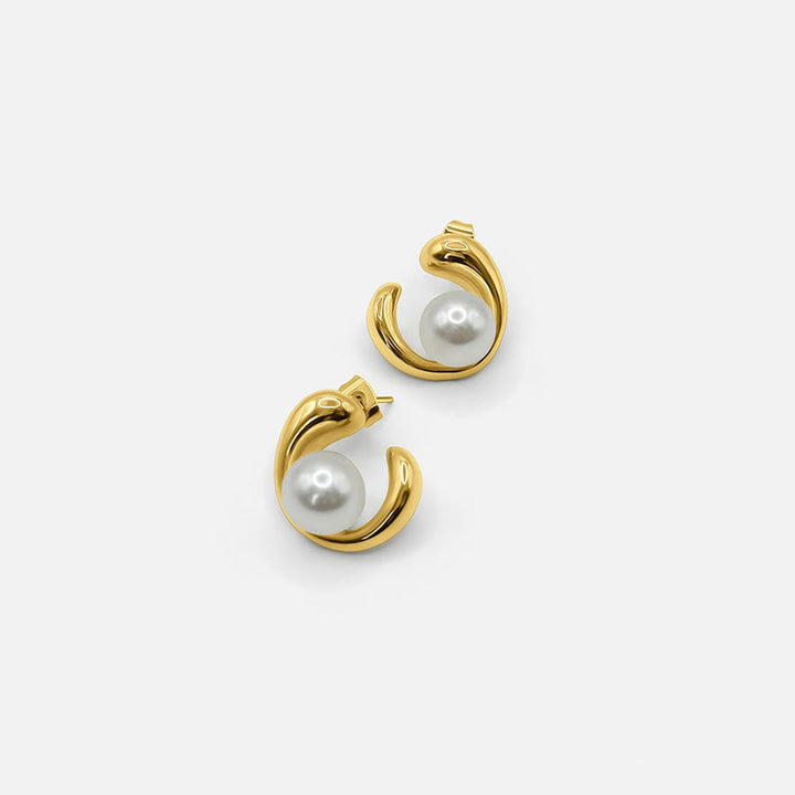 Elegant Gold Swirl Pearl Earrings