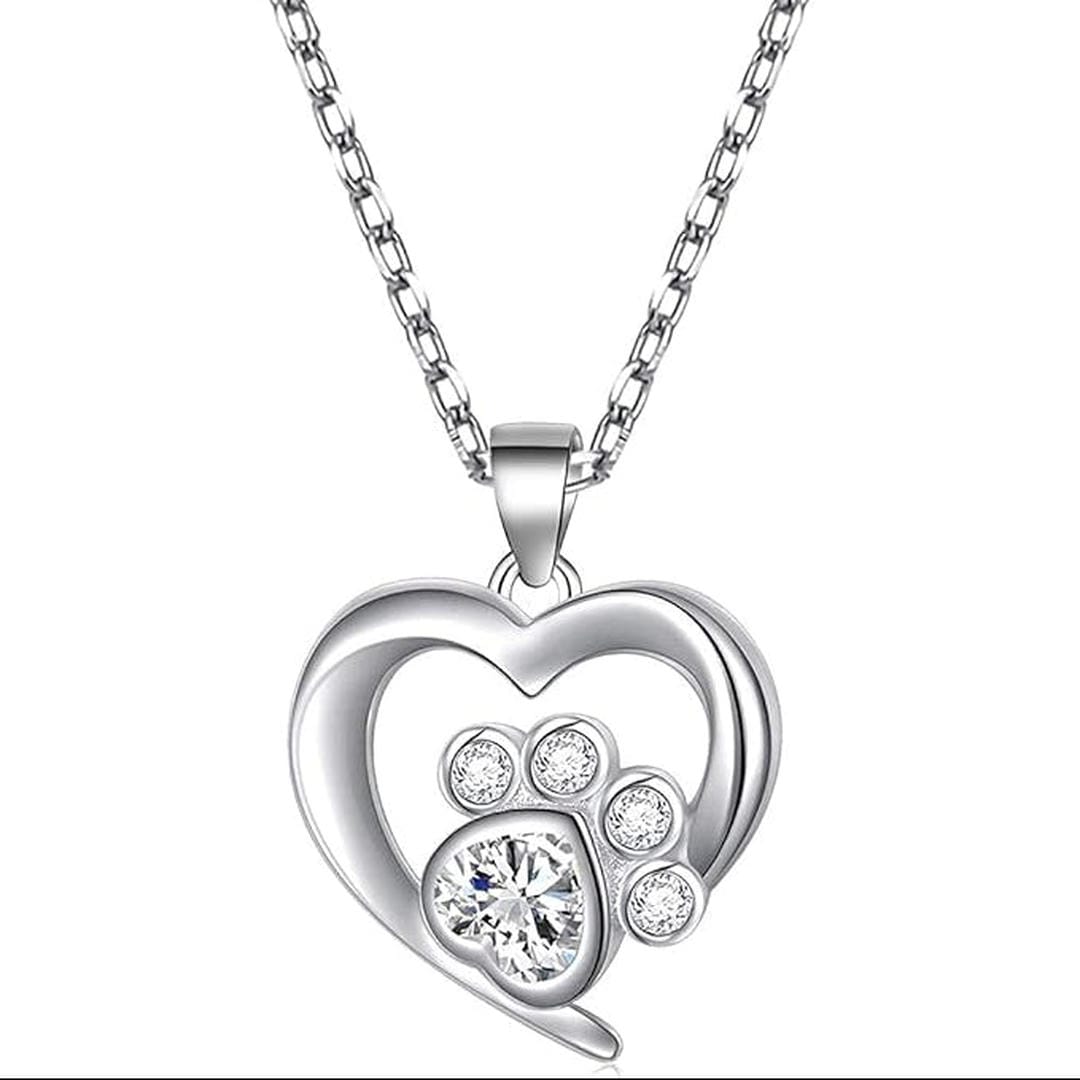 Silver Paw Heart Zirconia Necklace