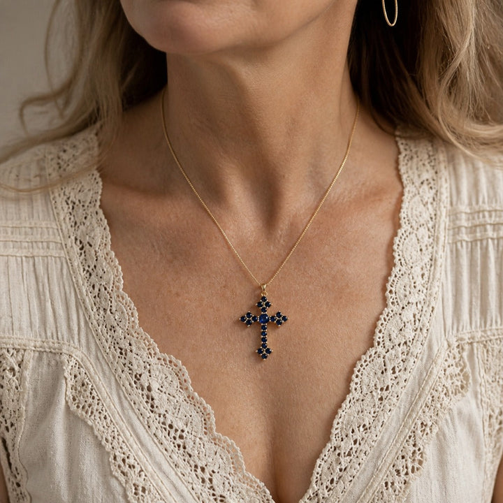 Blue Cross Zirconia Pendant Necklace