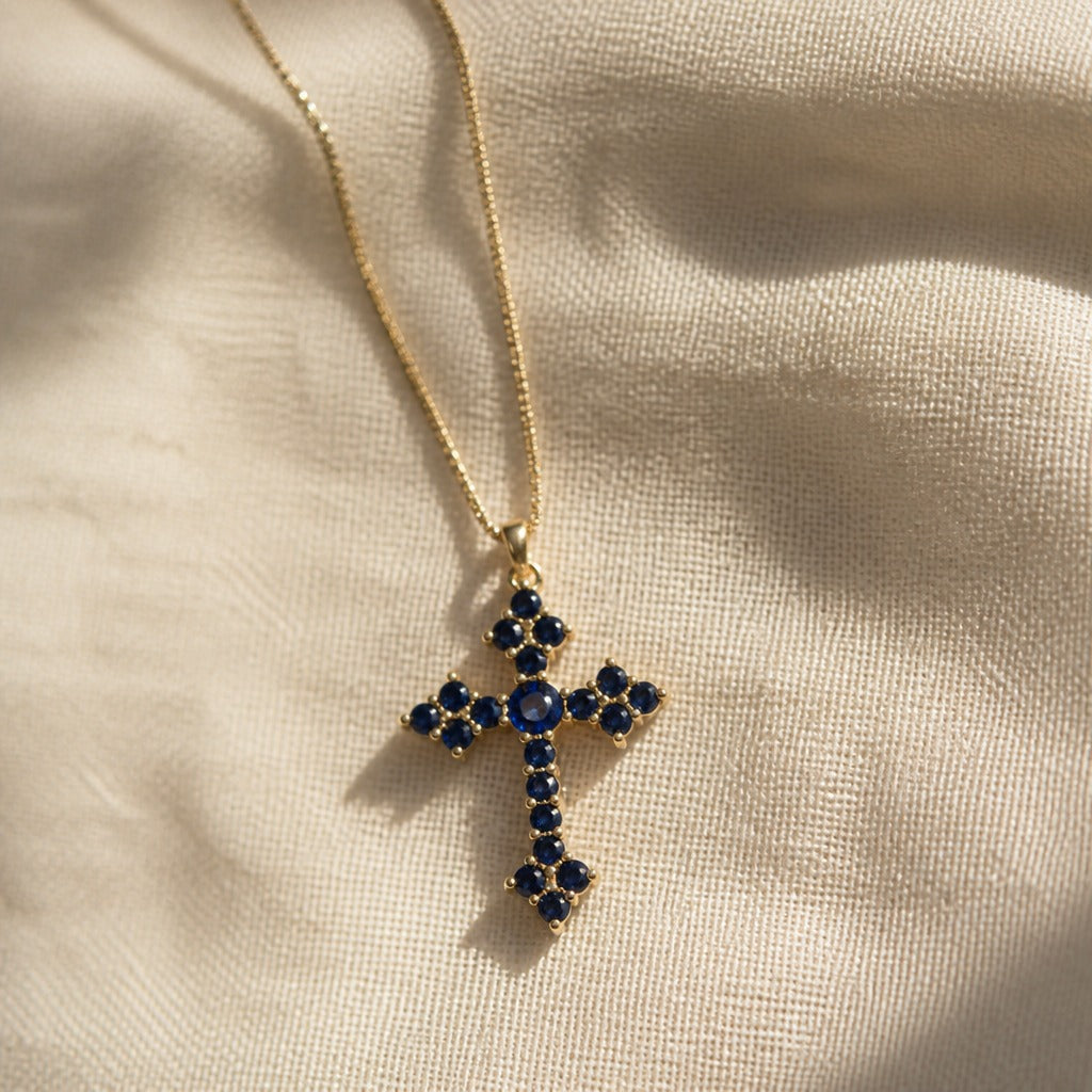 Blue Cross Zirconia Pendant Necklace