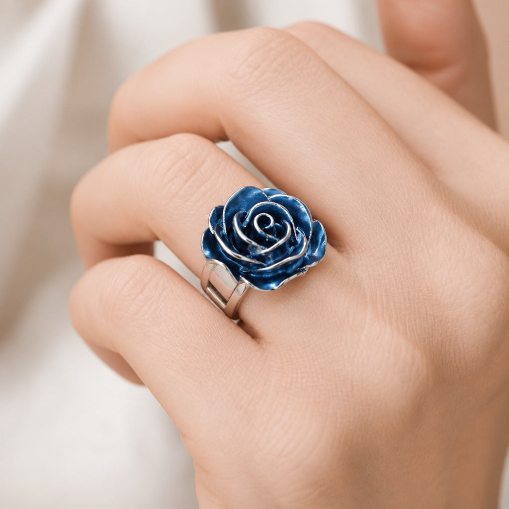 Blue Floral Silver Ring