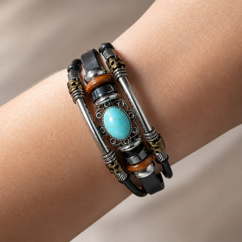 Vintage Turquoise Stone Leather Bracelet