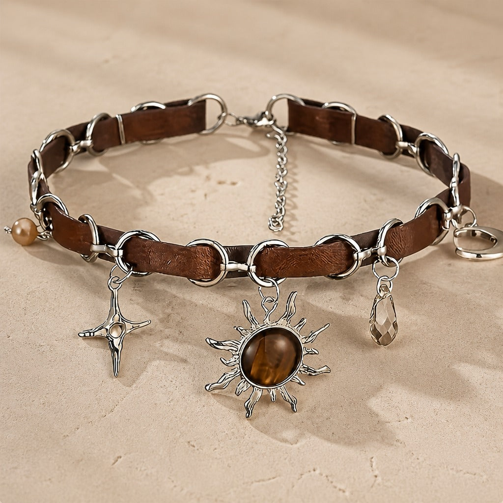Chain Leather Pendant Choker Necklace