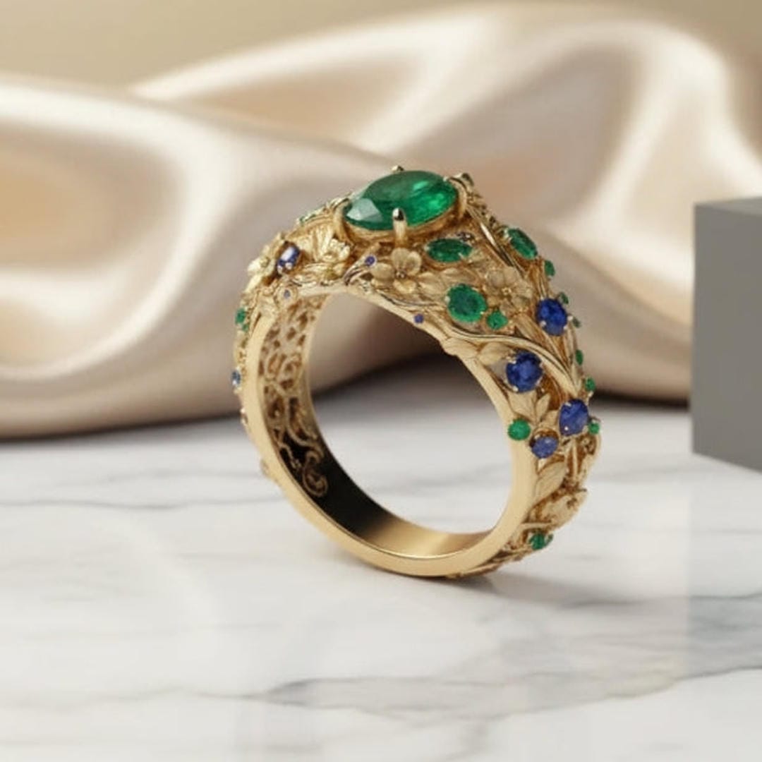 Green &amp; Blue Crystal Gold Ring