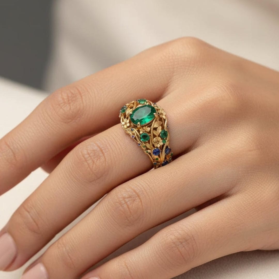 Green &amp; Blue Crystal Gold Ring