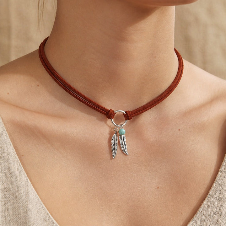 Feather &amp; Bead Pendant Choker Necklace