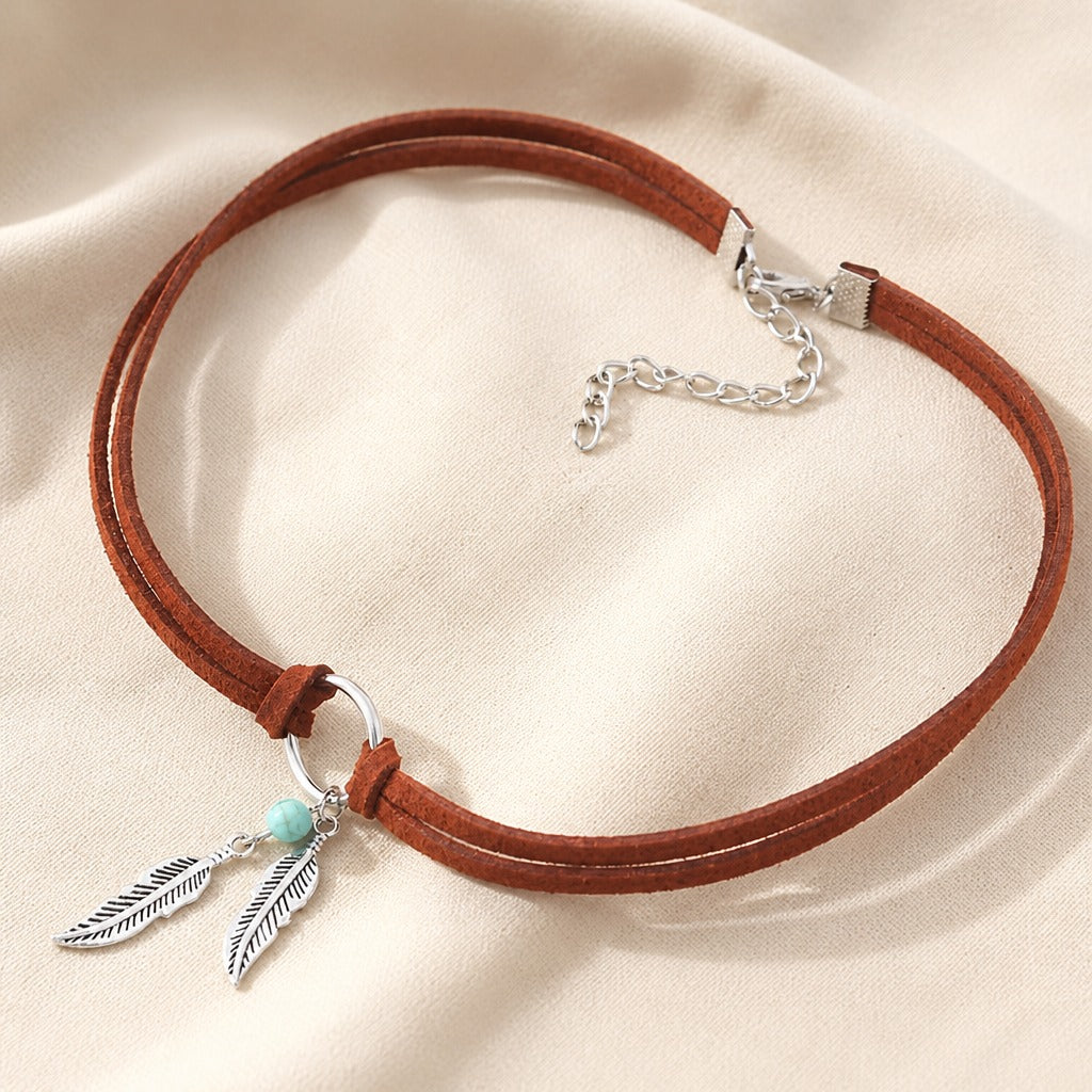 Feather &amp; Bead Pendant Choker Necklace