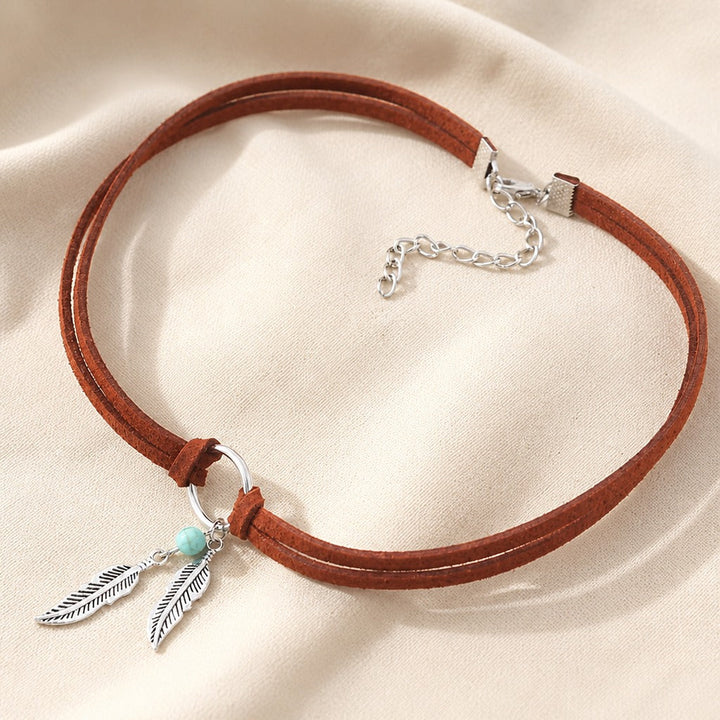 Feather &amp; Bead Pendant Choker Necklace