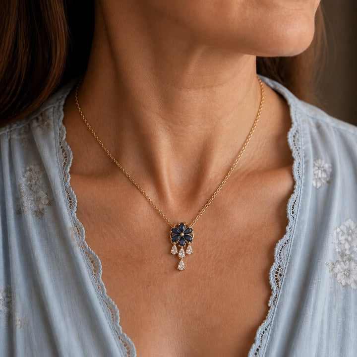 Floral Blue Tassel Pendant Necklace