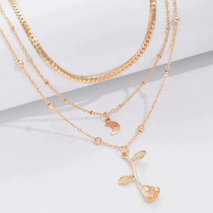 Gold Rose Moon Pendant Necklace Set