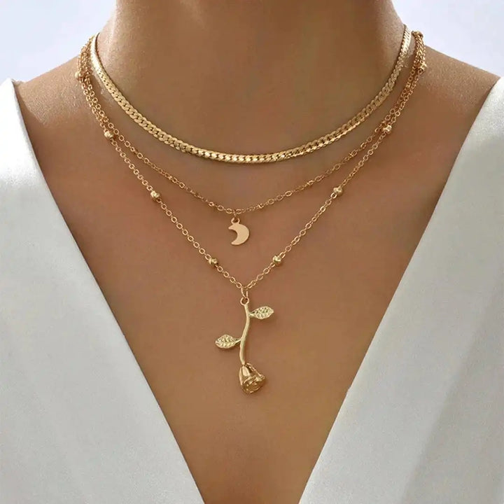 Gold Rose Moon Pendant Necklace Set