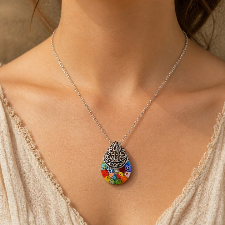 Glass Floral Engraved Pendant Necklace