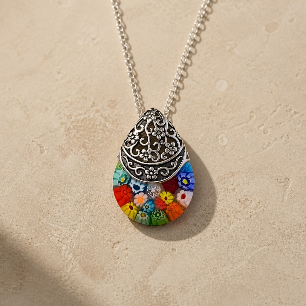 Glass Floral Engraved Pendant Necklace