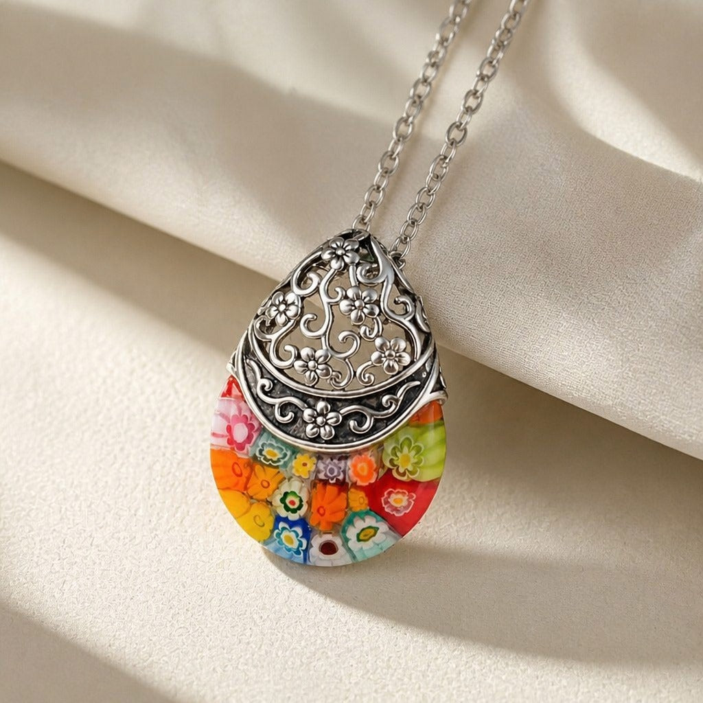 Glass Floral Engraved Pendant Necklace