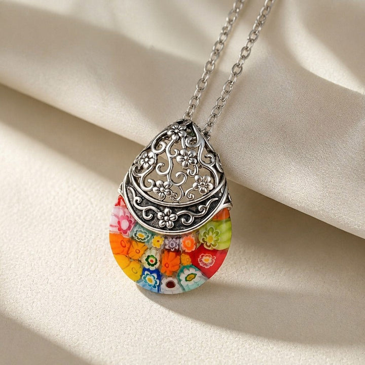 Glass Floral Engraved Pendant Necklace