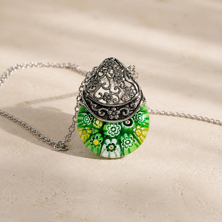 Glass Floral Engraved Pendant Necklace