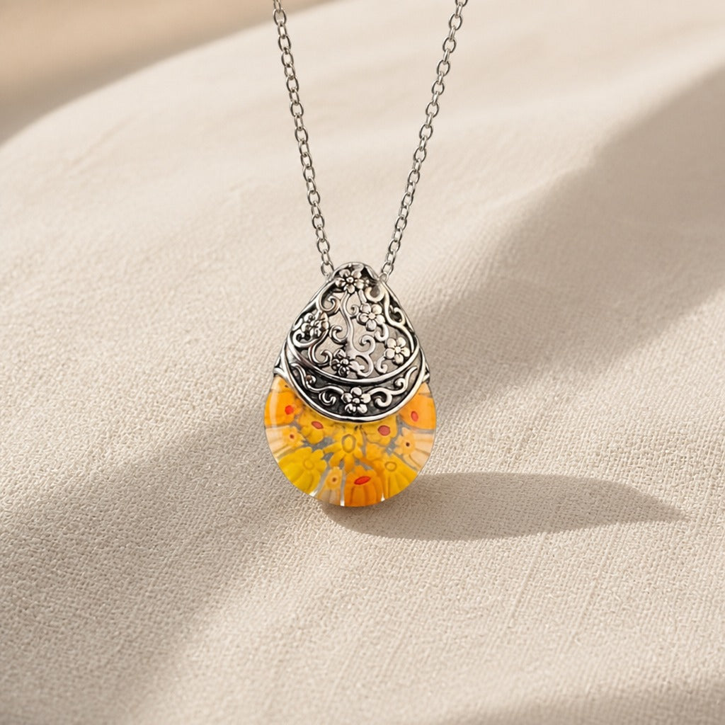Glass Floral Engraved Pendant Necklace