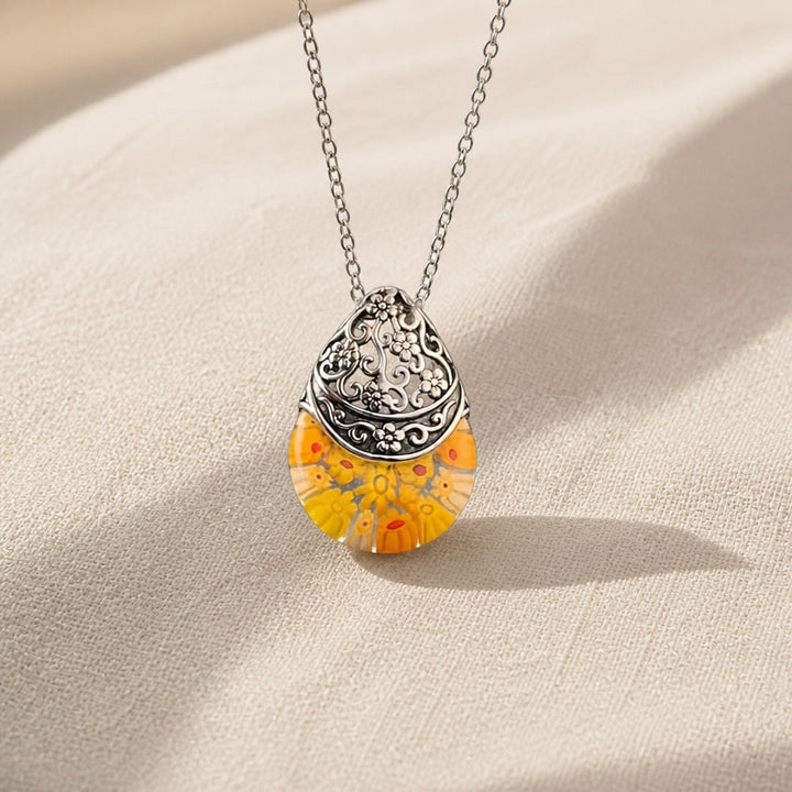 Glass Floral Engraved Pendant Necklace