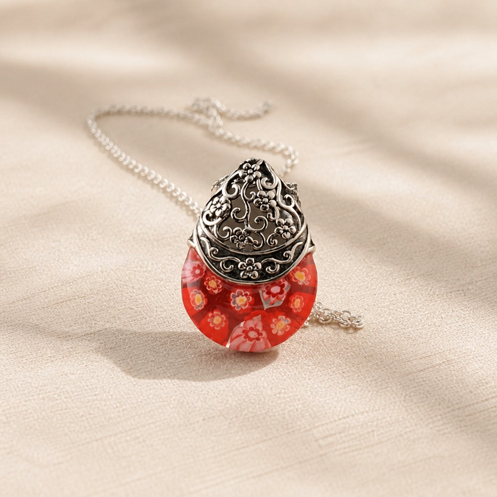 Glass Floral Engraved Pendant Necklace