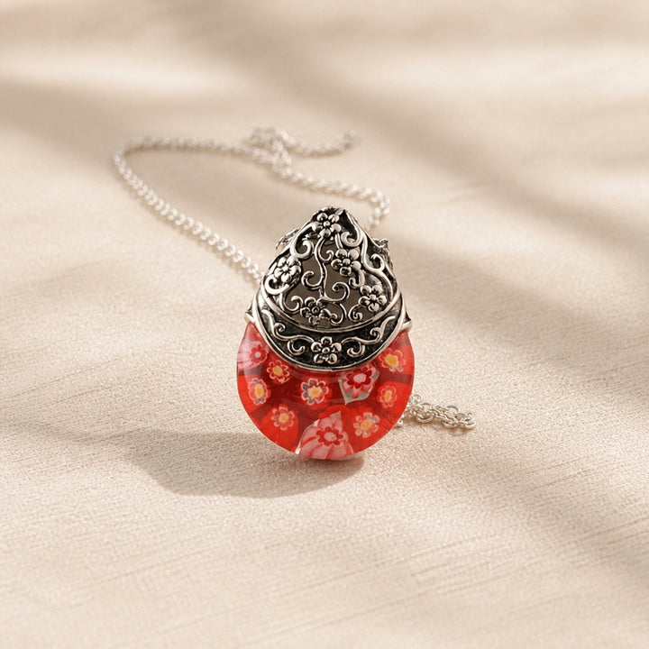 Glass Floral Engraved Pendant Necklace
