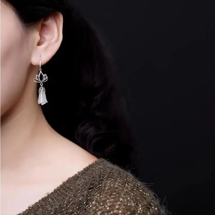 White Jade Magnolia Flower Earrings