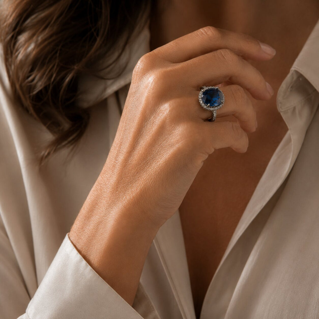 Halo Blue Statement Silver Ring
