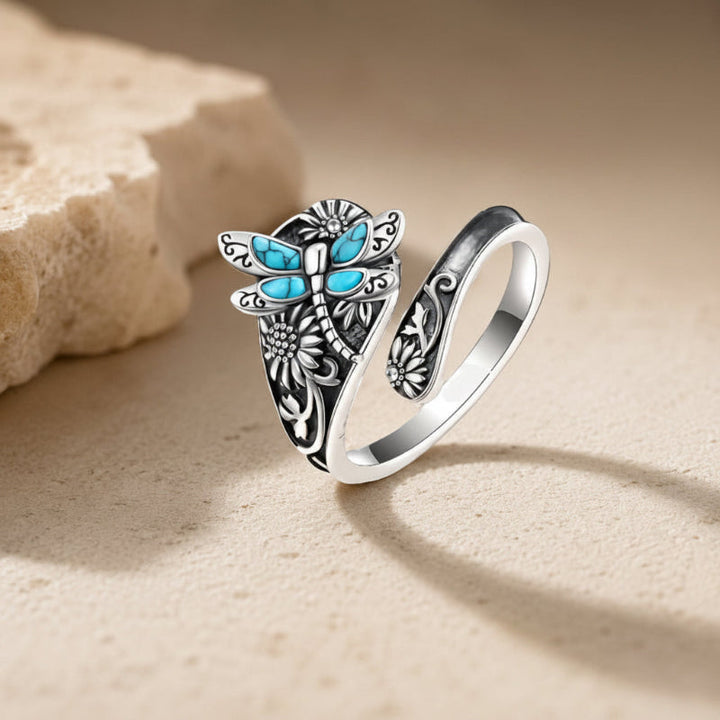 Turquoise Dragonfly Sunflower Ring