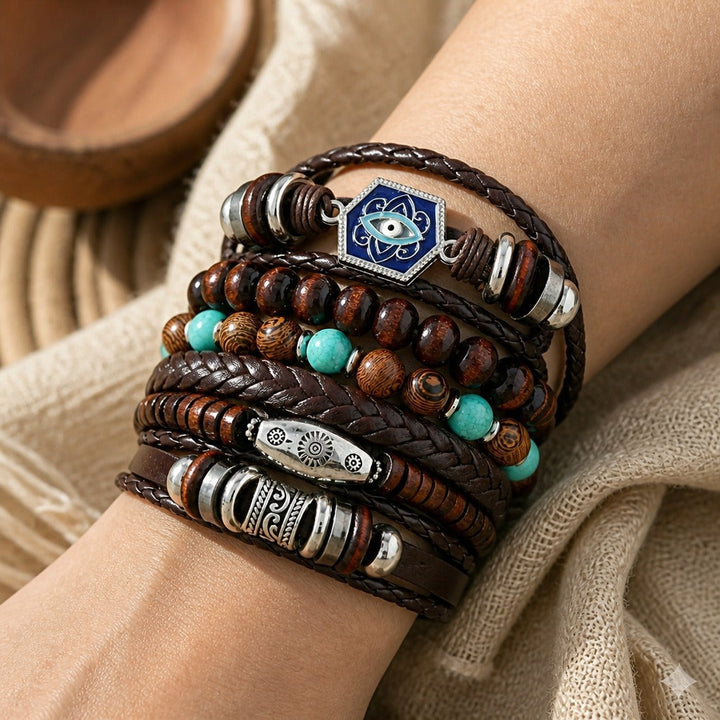 Layered Charm Leather Bracelet Set