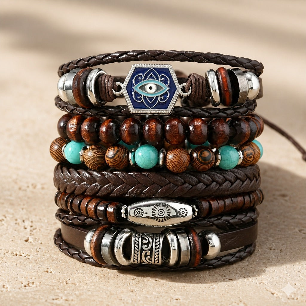Layered Charm Leather Bracelet Set