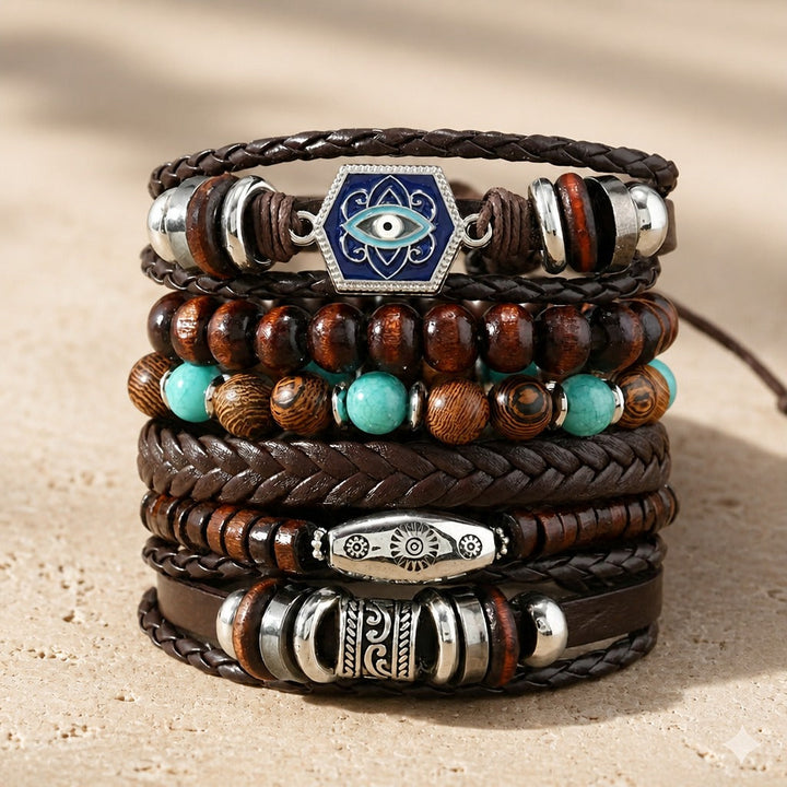 Layered Charm Leather Bracelet Set