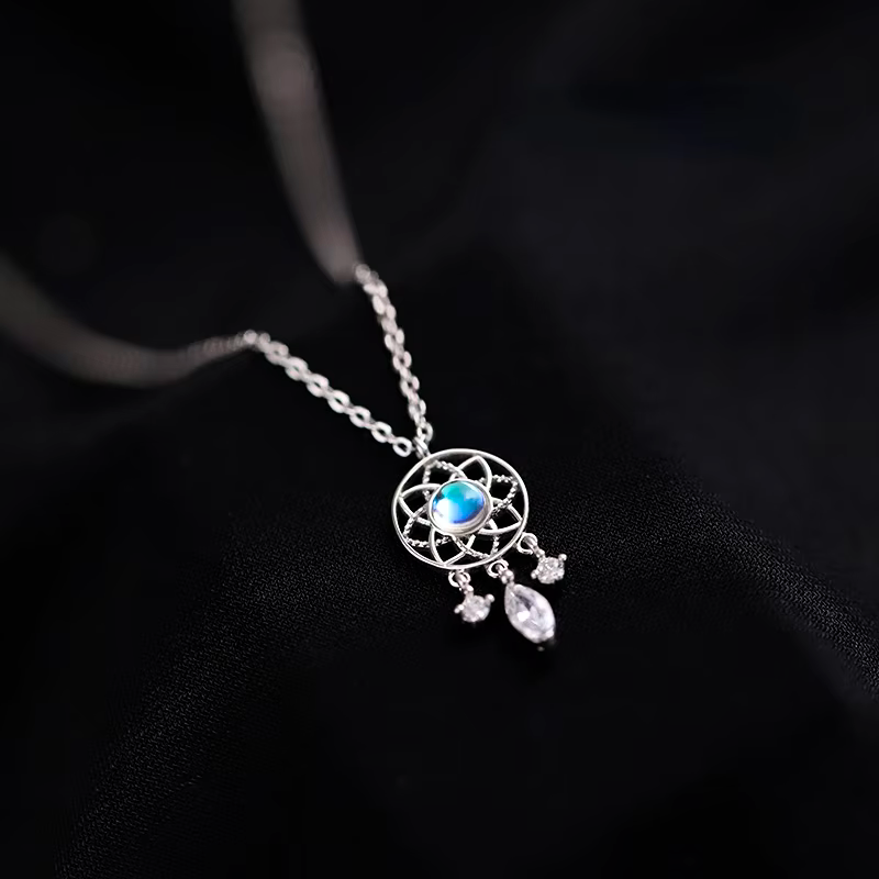 Silver Moonstone Dreamcatcher Pendant Necklace