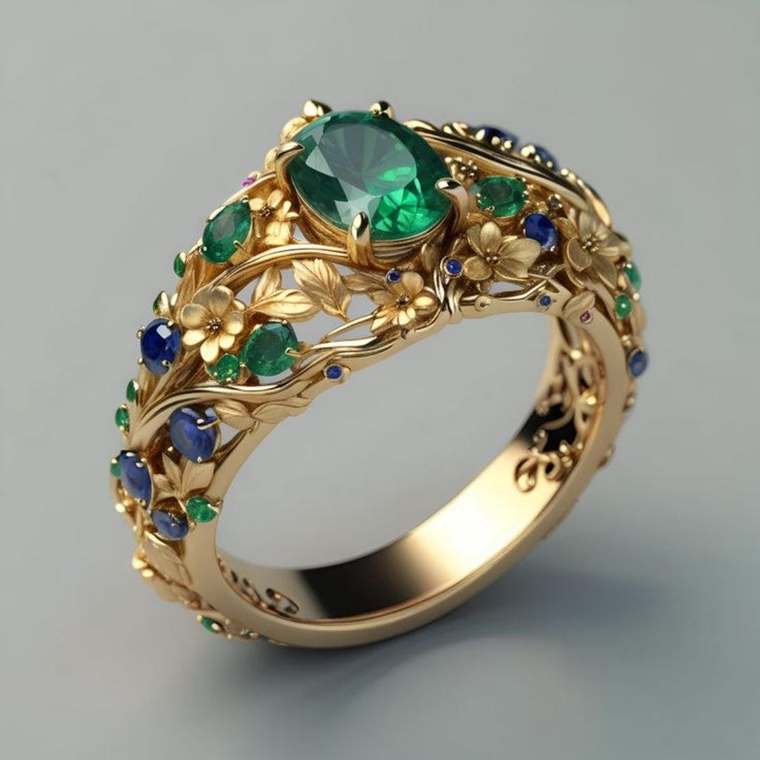Green &amp; Blue Crystal Gold Ring