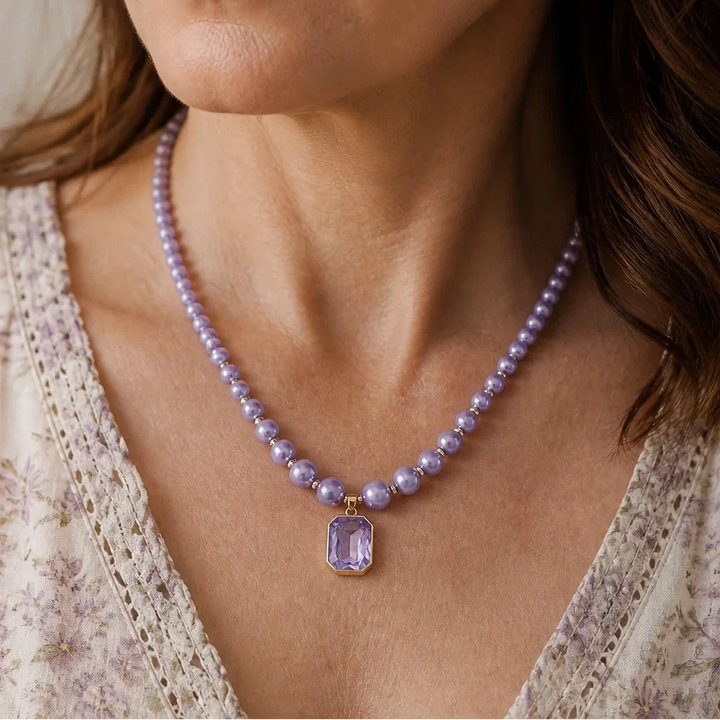 Pearl Chain Amethyst Pendant Necklace