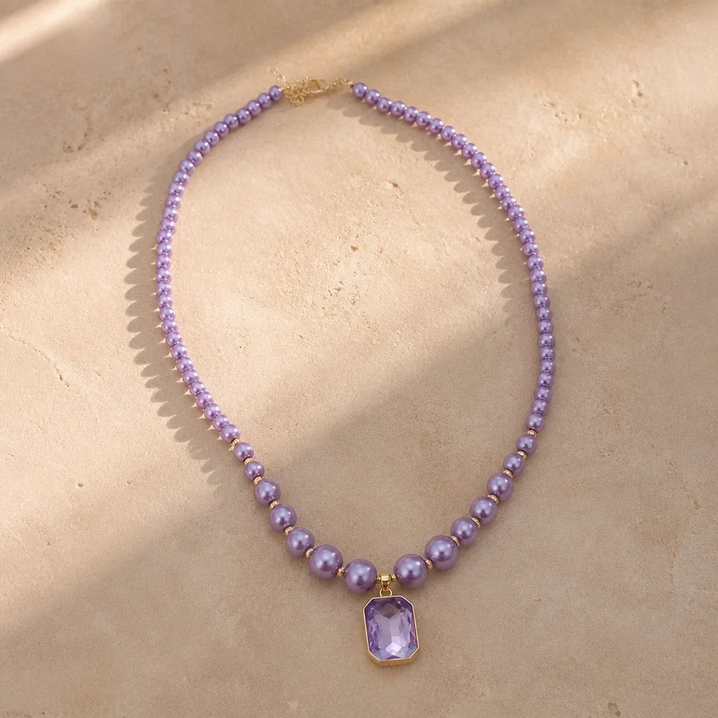 Pearl Chain Amethyst Pendant Necklace