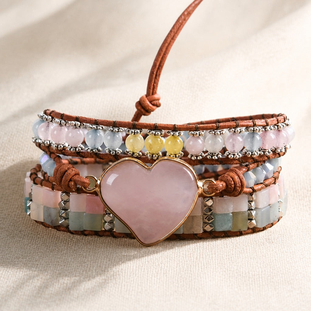 Heart Stone Braided Leather Bracelet