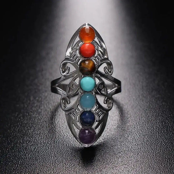 Chakra Seven Stone Adjustable Silver Ring